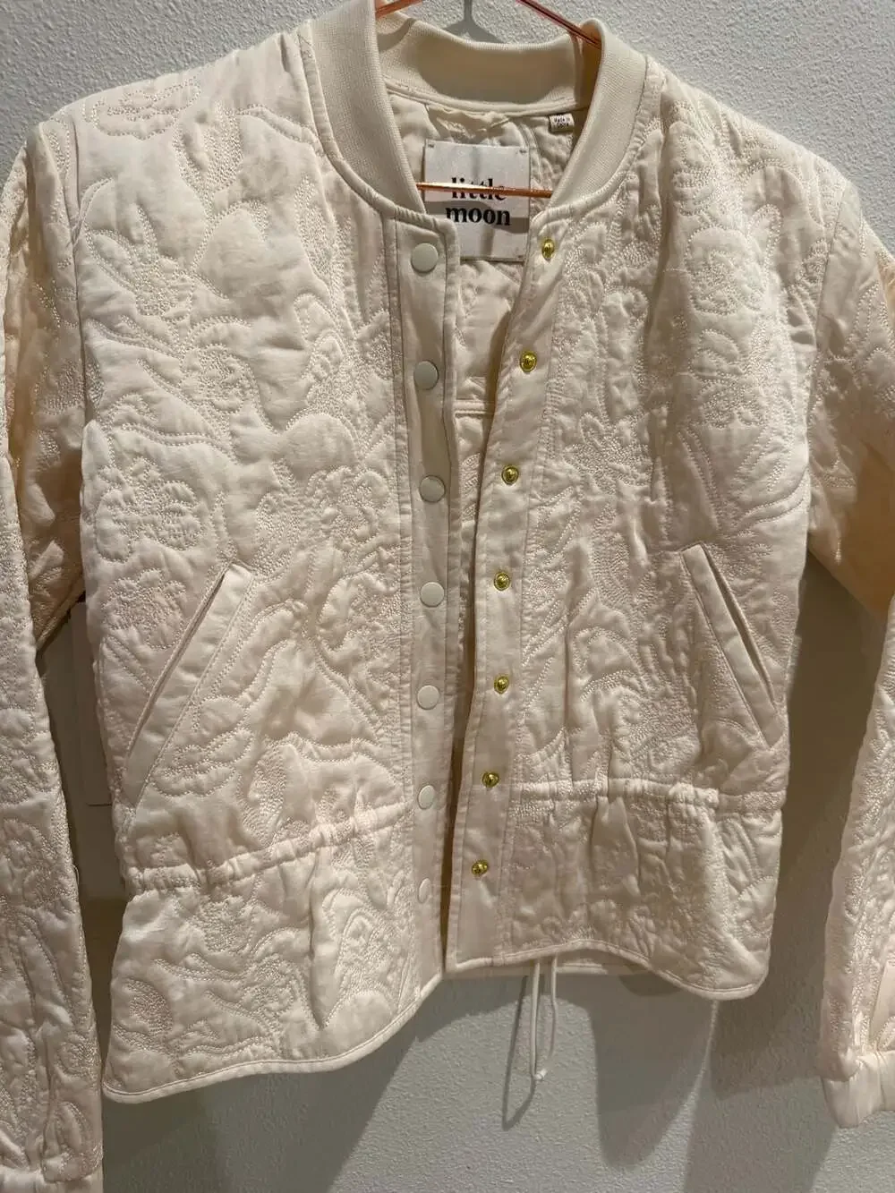 Little Moon Ivory Floral Embroidered Quilted Snap Bomber Jacket